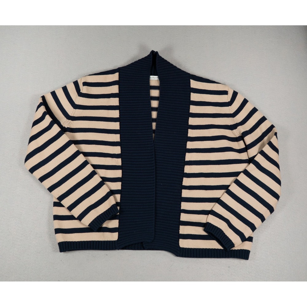 Max Mara Womens Striped Open Front Cardigan Shawl Collar Navy Tan Italy L